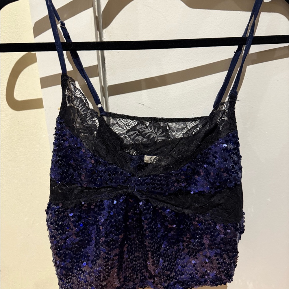 Sequin Lace Trim Cami Top - Blue Free People